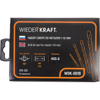 Набор сверл по металлу в металлическом кейсе (19 шт; 1-10 мм; шаг 0.5 мм; HSS-G) WIEDERKRAFT WDK-DG19