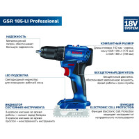 Аккумуляторная дрель-шуруповерт Bosch GSR 185-LI (соло) 06019K3003