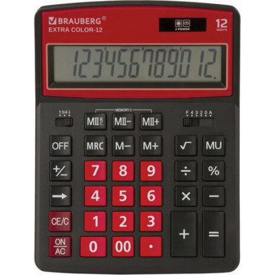 BRAUBERG Калькулятор настольный EXTRA COLOR-12-BKWR 206x155мм, 12 разряд, ЧЕРНО-МАЛИНОВЫЙ, 250479
