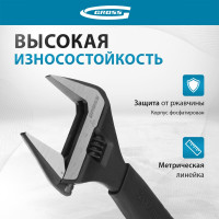 Разводной ключ GROSS 200 мм CrV, тонкие губки, защитные насадки 15568