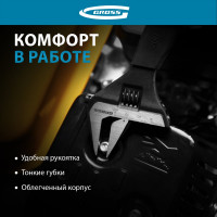Разводной ключ GROSS 200 мм CrV, тонкие губки, защитные насадки 15568