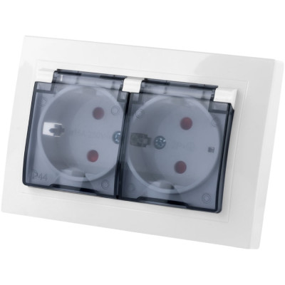 Двойная розетка TDM ELECTRIC 2П+З с защитными шторками и прозрачной крышкой 16А 250В IP44 белая Таймыр SQ1814-0077