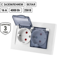 Двойная розетка TDM ELECTRIC 2П+З с защитными шторками и прозрачной крышкой 16А 250В IP44 белая Таймыр SQ1814-0077
