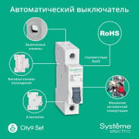 Автоматический выключатель Systeme Electric City9 set ав с, 10 А, 1 Р, 4.5 kА, 230 В (ранее EZ9F34110) C9F34110