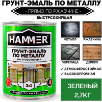 Грунт-эмаль по металлу HAMMER 3в1 б/с зеленая 2,7 кг ЭК000125864