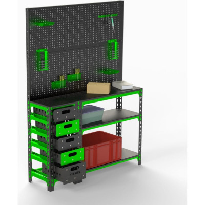 ООО Металекс Стол-верстак Metalex c одной тумбой 950x1400x600 + двойная перфопанель с комплектом аксессуаров SVTIPRIIA951460
