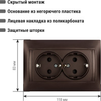 Розетка двойная 2П+З 16А 250В с защитными шторками TDM ELECTRIC шоколад, серия "Лама" SQ1815-0513