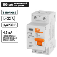 Автоматический выключатель дифференциального тока TDM ELECTRIC 32 2P1P+N C32А 100мА 4,5кА тип АС SQ0202-0508