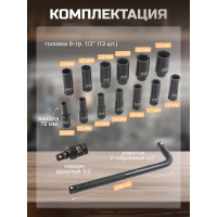 Набор головок ударных Forsage 1/2", 15 предметов F-4157MPB(52604)