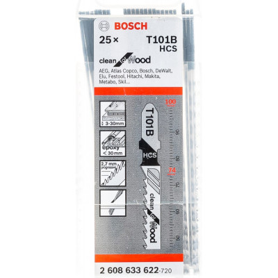 Bosch Пилки длобзика 25шт, Т101В, HCS, 74мм, хв-1упор, чпр 2.608.633.622 140976
