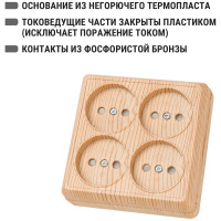 Четырехместная розетка TDM ELECTRIC 2П открытой установки IP20 10A с защитными шторками сосна Ладога SQ1801-0421