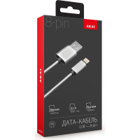 Дата-кабель AKAI разъем 8-pin Apple Lightning 1м оплетка металл серебро CE-605S