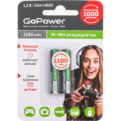 Бытовой аккумулятор GoPower HR03 AAA BL2 NI-MH 1100mAh 00-00015316