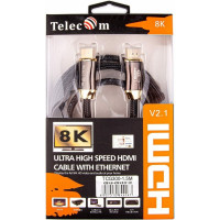 Кабель Telecom, HDMI 19M/M, ver. 2.1, 8K 60 Hz 1.5m металлические разъемы, нейлоновая оплетка TCG300-1.5M