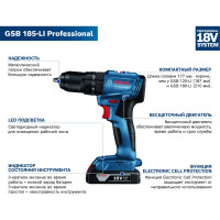 Аккумуляторная ударная дрель-шуруповерт Bosch GSB 185-LI 2 Акб 06019K3100