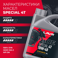 Моторное масло MOTO RIDE SPECIAL 4Т 10W40 SN, 4 л LAVR Ln7748