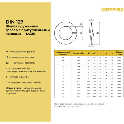 Нержавеющая шайба гровер KREPFIELD М18, DIN 127, А2, 8 шт. 1271.4310ГРОВЕРBМ18-8