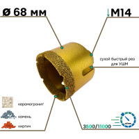 Коронка алмазная по керамограниту для УШМ 68 мм, М14, сухой рез TORGWIN T948138