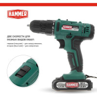 Аккумуляторная дрель Hammer 18в 2x1.5 ач 10мм, 0-350/0-1250 об/мин, 35нм, в кейсе, быстр. зарядка ACD18A 735857