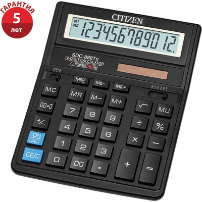 Citizen Калькулятор настольный SDC-888TII,12 разрядов,двойное питание,158х203х31мм,черный SDC-888TII