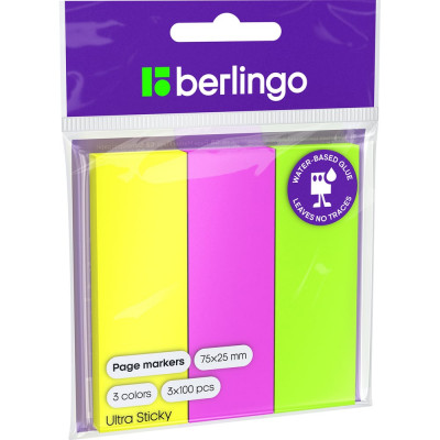 Berlingo BERLINGO_ Флажки-закладки Ultra Sticky , 25х75мм, 100лх3 неоновых цвета, LSz_41001
