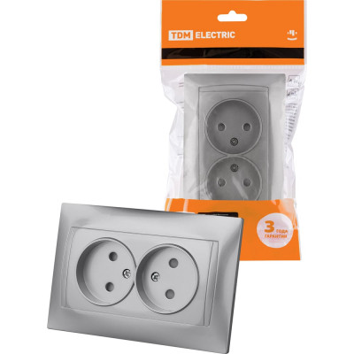 Розетка двойная с защитными шторками TDM ELECTRIC серебристый металлик, 2П 10А 250В серия "Лама" SQ1815-0212