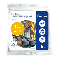 Cветодиодная LED лента FERON 60SMD(3528)/м, 4.8 Вт/м, 5м, IP65, 12V, желтый LS604 27674