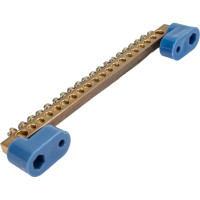 Шина "0" EKF N 20 отверстий, латунь, 2 синих угловых изолятора, розничный стикер 10 шт sn0-2-63-20-r