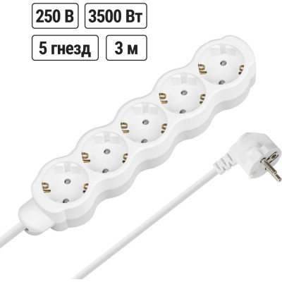 Удлинитель сетевой TDM ELECTRIC 5 розеток, 3 метра, с заземлением, с защитной шторкой, ПВС 3х1мм2 16А 250В бело-серый SQ1303-0239