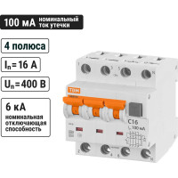 Автоматический выключатель дифференциального тока TDM ELECTRIC АВДТ 63 4P(3Р+N) C16 100мА 6кА тип А SQ0202-0021