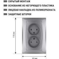 Розетка двойная с защитными шторками TDM ELECTRIC серебристый металлик, 2П 10А 250В серия "Лама" SQ1815-0212