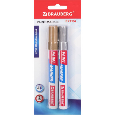 Лаковый маркер-краска BRAUBERG EXTRA paint marker 4 мм, НАБОР 2 цвета, золотой/серебряный, 151997