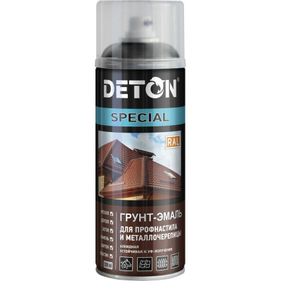 Грунт-эмаль для профнастила и металлочерепицы Deton SPECIAL черный, RAL 9005, аэрозоль 520 мл DTN-A07293