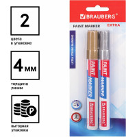 Лаковый маркер-краска BRAUBERG EXTRA paint marker 4 мм, НАБОР 2 цвета, золотой/серебряный, 151997
