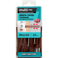 Усиленный нейлоновый дюбель-гвоздь ЕВРОПАРТНЕР multi pro lk, цилиндрическая манжета, 6x60 мм, 25 шт. B7 0012