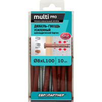 Усиленный нейлоновый дюбель-гвоздь ЕВРОПАРТНЕР multi pro lk, цилиндрическая манжета, 8x100 мм, 10 шт. B7 0016