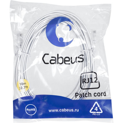 Cabeus Патч-корд телефонный 2x6р4с, белый, PVC, 10 м PC-TEL-RJ12-10m