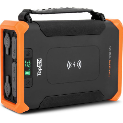TopOn внешний аккумулятор 96000mah dc 84w, type-c pd 60w, 2 usb qc3.0 18w, qi 10w, 2 авторозетки 180w, фонарь, защита от брызг, lifepo4 TOP-X100PRO
