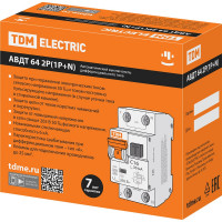 Автоматический выключатель дифференциального тока АВДТ (дифавтомат) 64 TDM ELECTRIC 2Р(1Р+N) C63 100мА тип А защита 265В SQ0205-0014