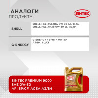 Синтетическое моторное масло Sintec PREMIUM 9000 SAE 0W-30, API SP/CF, ACEA A3/B4, 4 л 600123