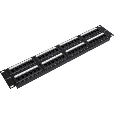 Патч-панель 19" WRline WR-PL-48-C5E-D (2U), 48 портов RJ-45, категория 5e, Dual IDC, с задним кабельным организатором, цвет черный 505209