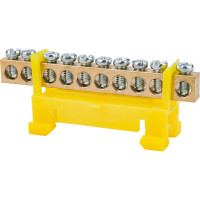 Шина EKF "0" PE, 10 отверстий, латунь, желтый изолятор, тип "Стойка" на DIN-рейку PROxima sn0-63-10-sy