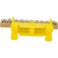 Шина EKF "0" PE, 10 отверстий, латунь, желтый изолятор, тип "Стойка" на DIN-рейку PROxima sn0-63-10-sy