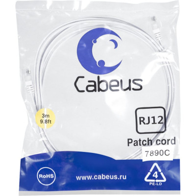 Cabeus Патч-корд телефонный 2x6р4с, белый, PVC, 3 м PC-TEL-RJ12-3m