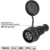 Разъем с заглушкой каучук TDM ELECTRIC 3Р+РЕ 32А 380В IP44 SQ0612-0007