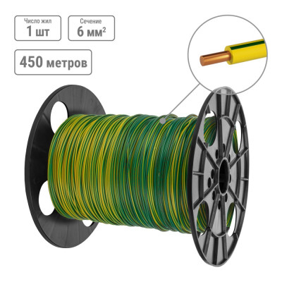 Провод TDM ELECTRIC ПуВ 1х6,0 ГОСТ на катушке (450м), желто-зеленый SQ0124-0037