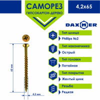 Саморез Daxmer ГКЛ по дереву усиленный 4,2x65 желтый цинк, 1кг (~267 шт) 00000437213