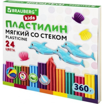BRAUBERG Пластилин мягкий восковой KIDS, 24цв., 360г, со стеком, 106498