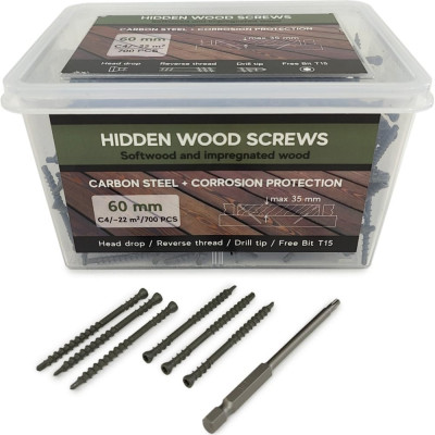 Camo Саморезы Hidden Wood Screws C4 60 mm 700 шт для скрытого монтажа террас и фасадов с антикоррозийным покрытием арт. 60700C4