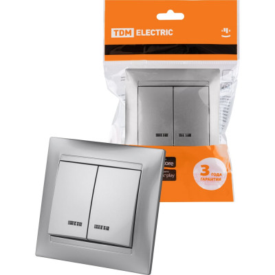 Выключатель с подсветкой двухклавишный, серебристый металлик TDM ELECTRIC 10А серия "Лама" SQ1815-0205